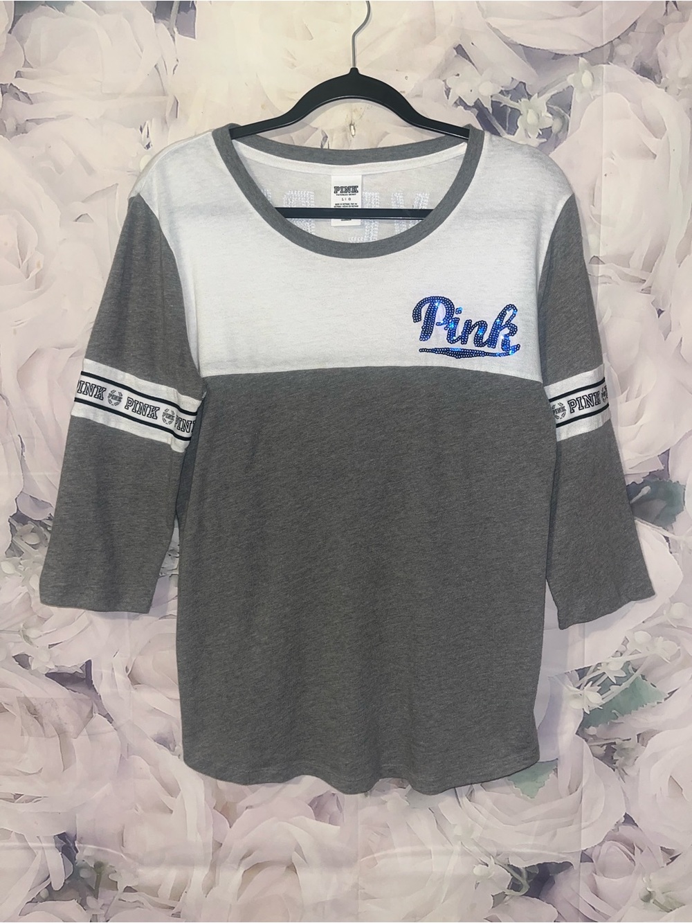 Vintage Y2K Victoria’s Secret PINK Gray Blue Sequin 3/4 Sleeve T-Shirt Sz Large